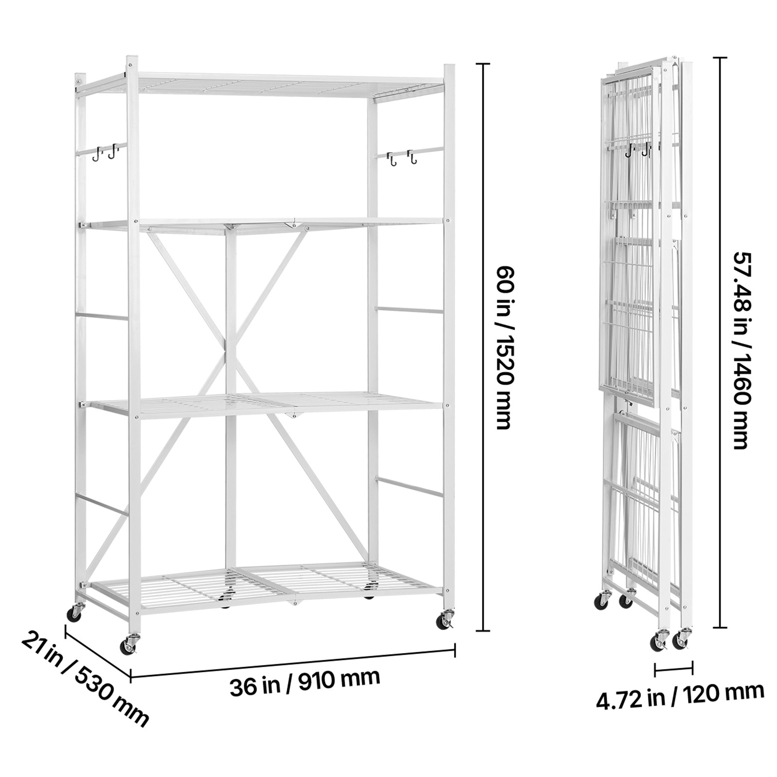 Folding Storage Shelf with Wheels 4-Tier No Assembly Organizer Shelf White