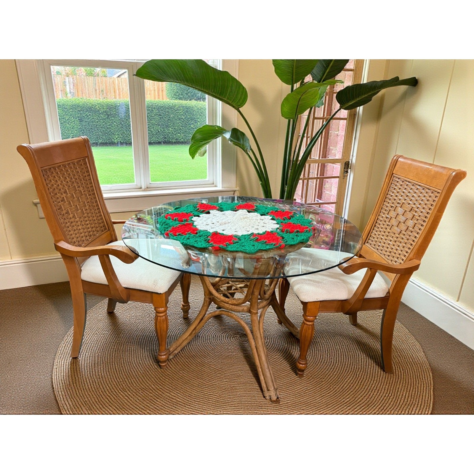 Vintage Coastal Rattan Glass Top Dining Set 3pc Cane Bistro Palm Beach