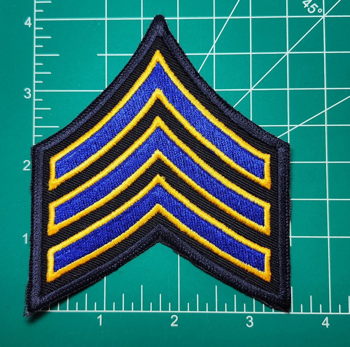 (2) Sergeant Chevron - 3 Royal/Gold Stripes on Dark Navy (Navy Border) 3.5" Wide