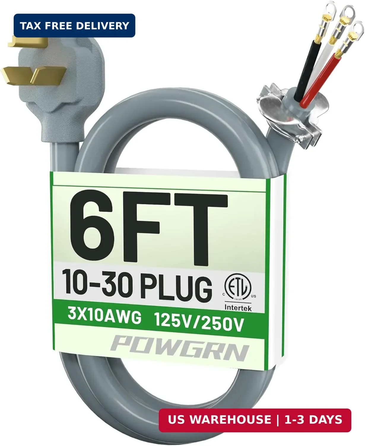 30 Amp 3 Prong Dryer Cord 6 FT Gray, 10 Gauge Appliance Dryer Power Cord NEMA 10