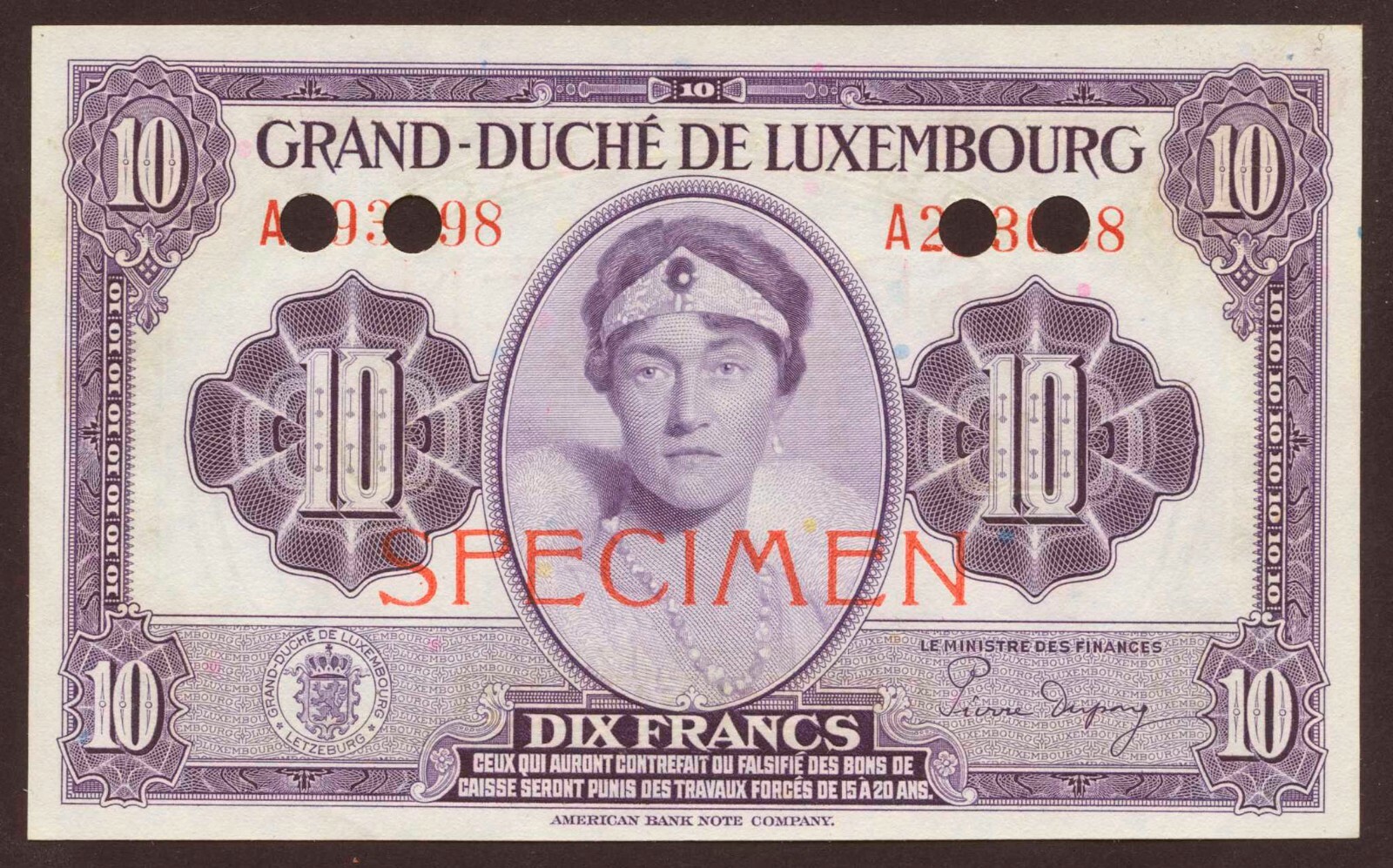 Luxembourg / Luxembourg P.44s1 10 Francs (1944) Specimen (1) UNC