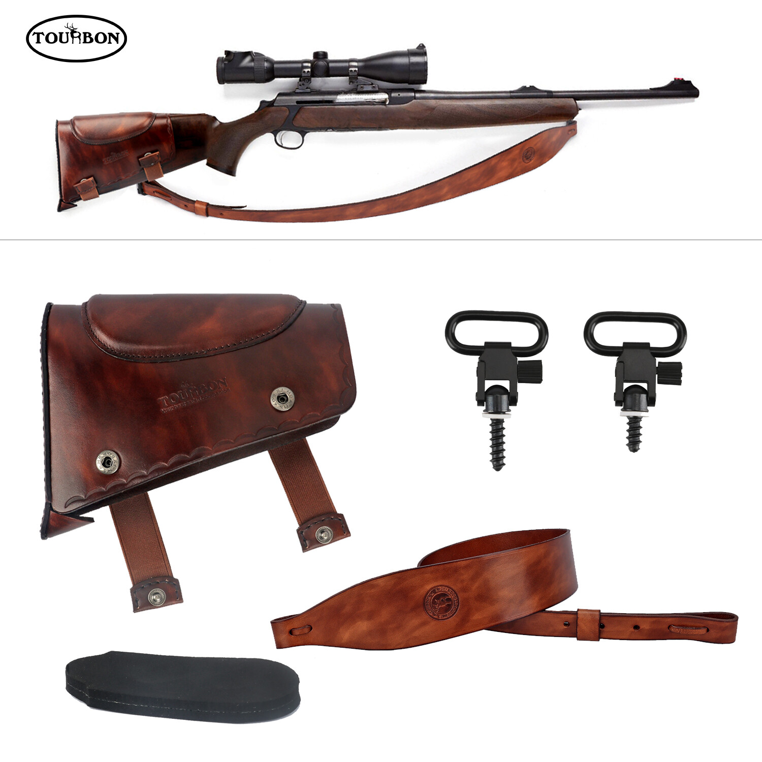 TOURBON Leather Cheek Riser Buttstock Recoil Pad Shooting Rifle Sling w/Swivels