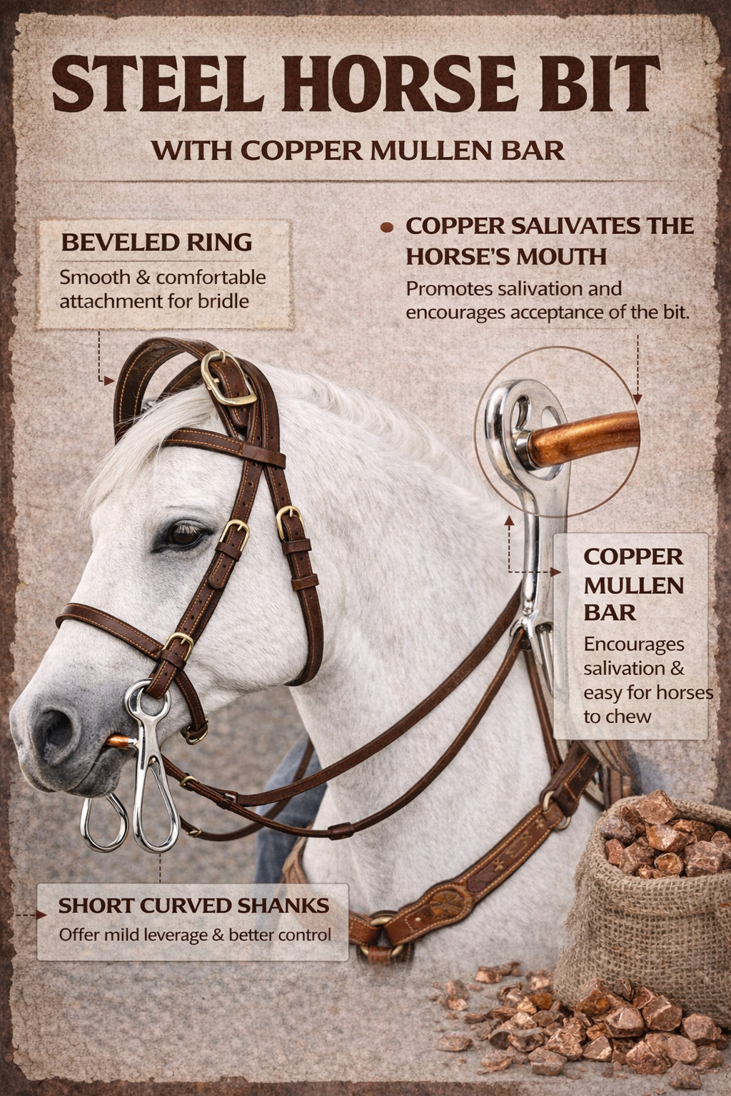 Challenger Tack Copper Mullen Bar Short Shank Horse Bit – 5” Solid Copper