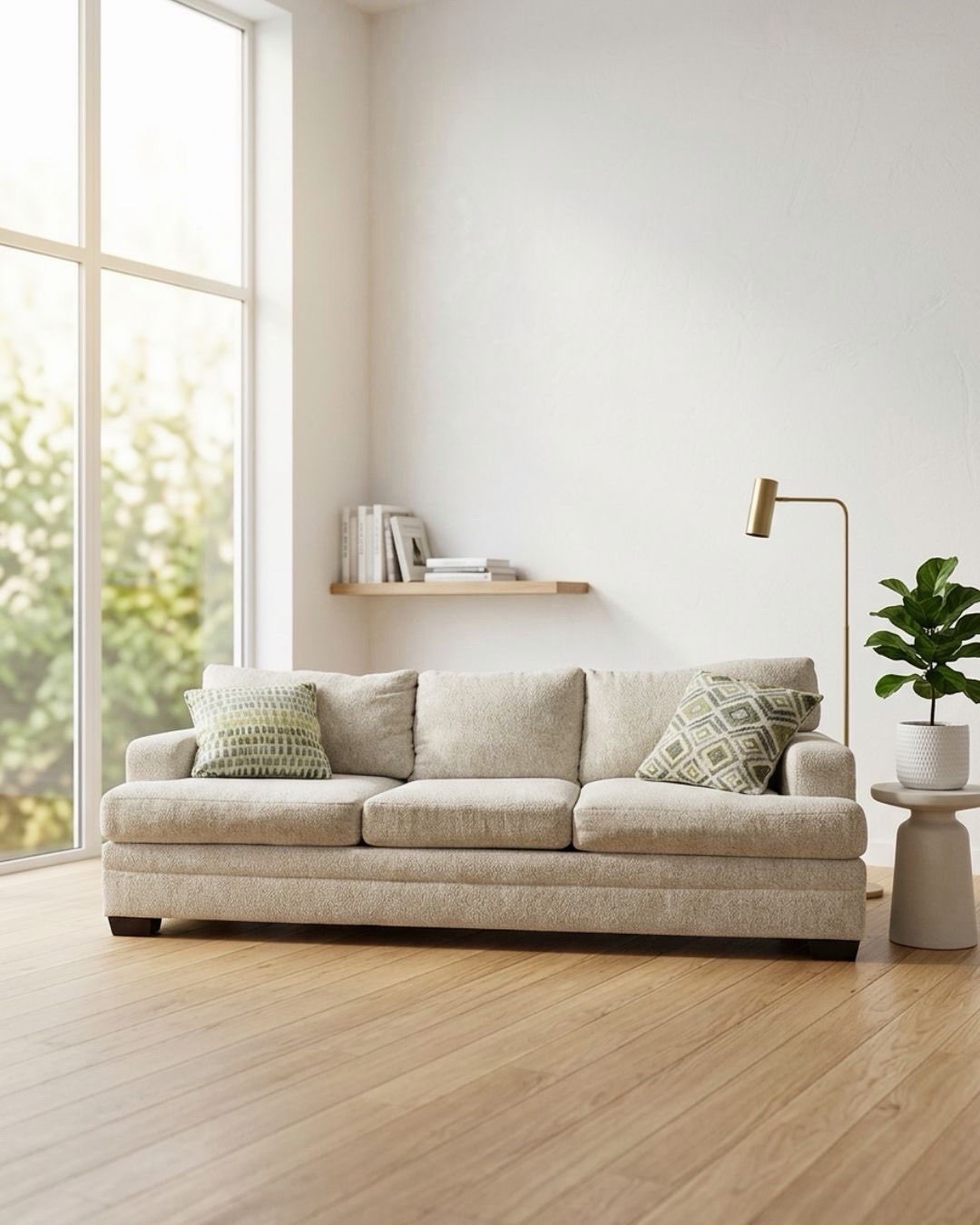 Beige Fabric 3-Seater Sofa, English Roll Arms, Cushion Back, Removable
