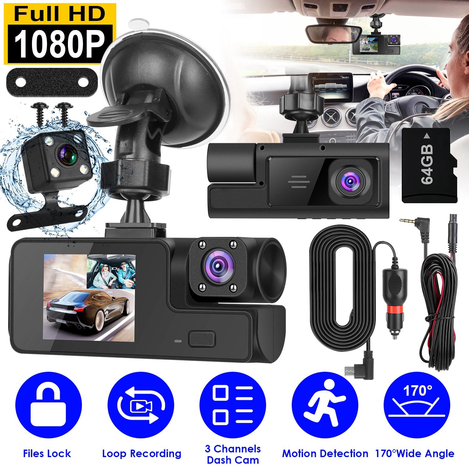 1080P HD Dash Cam WiFi Front Rear Inside Dash Camera Loop Recording Camera