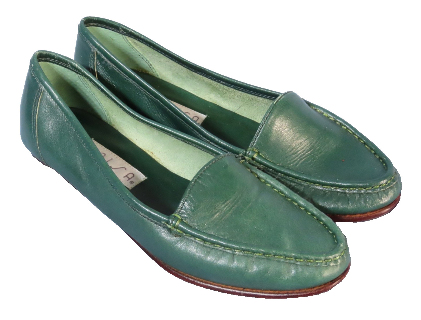 Vintage UNISA FLATS LOAFERS SHOES Dark Green Leather RETRO MINIMALIST sz 5.5 B