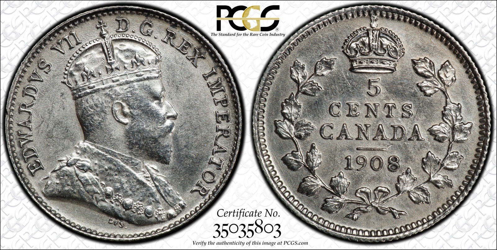 Canada 1908 5 Cents Large 8 PCGS AU Details Cleaned  Scarce Date