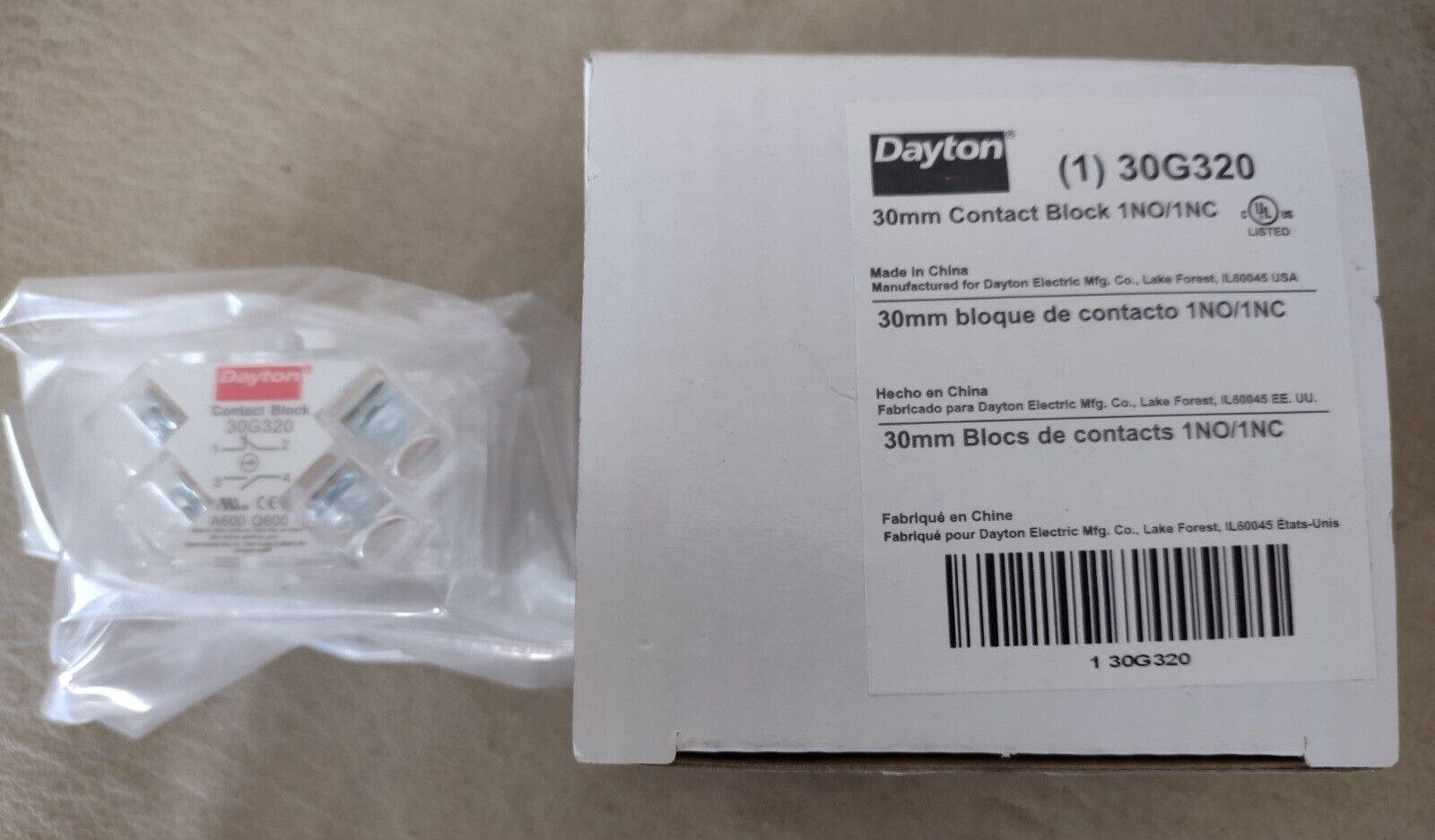 DAYTON 30G320 SelectorSw/Contact Block,1NC/1NO,30mm - NIB