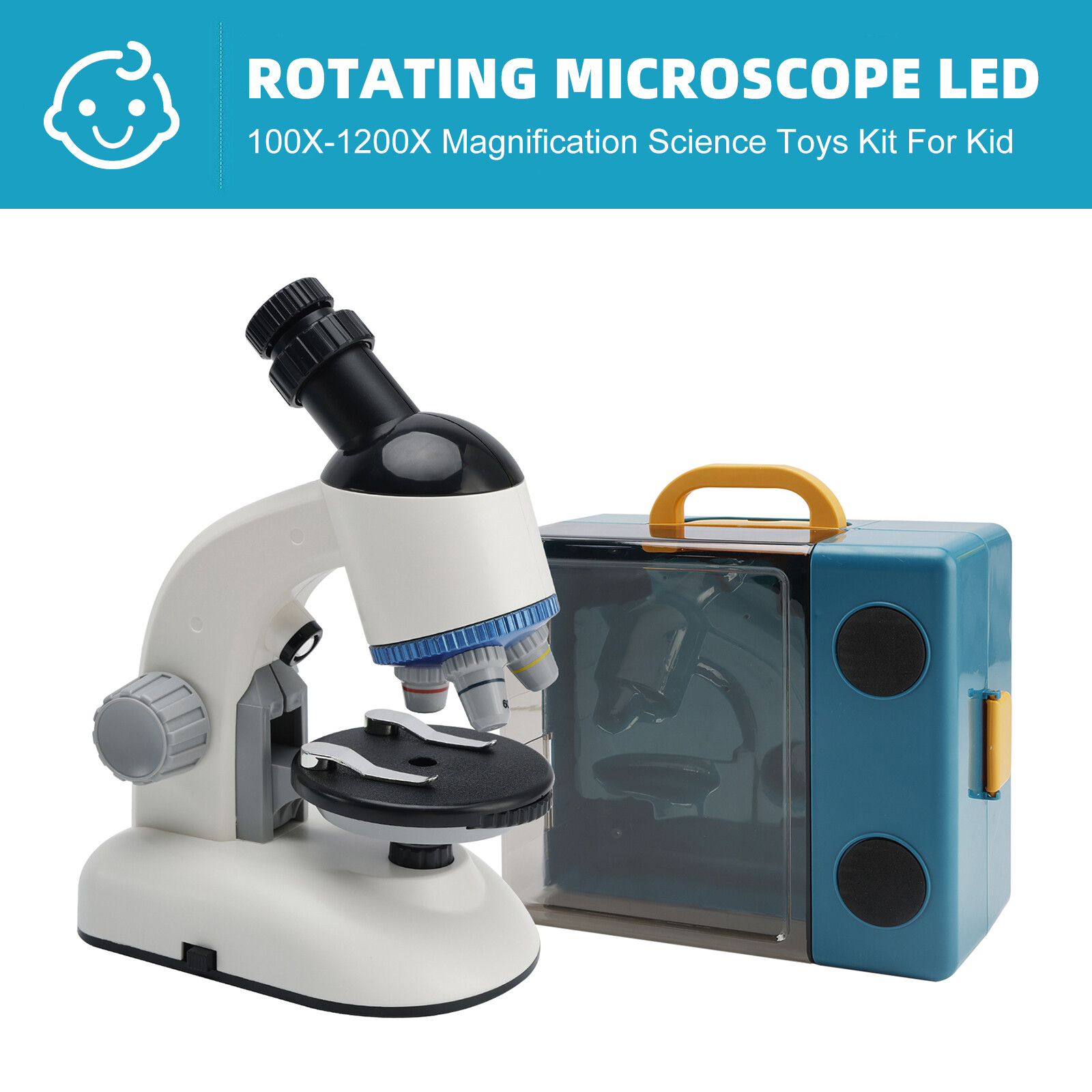 Rotating Microscope LED 100X-1200X Magnification Science Toys Kit For Kid White,