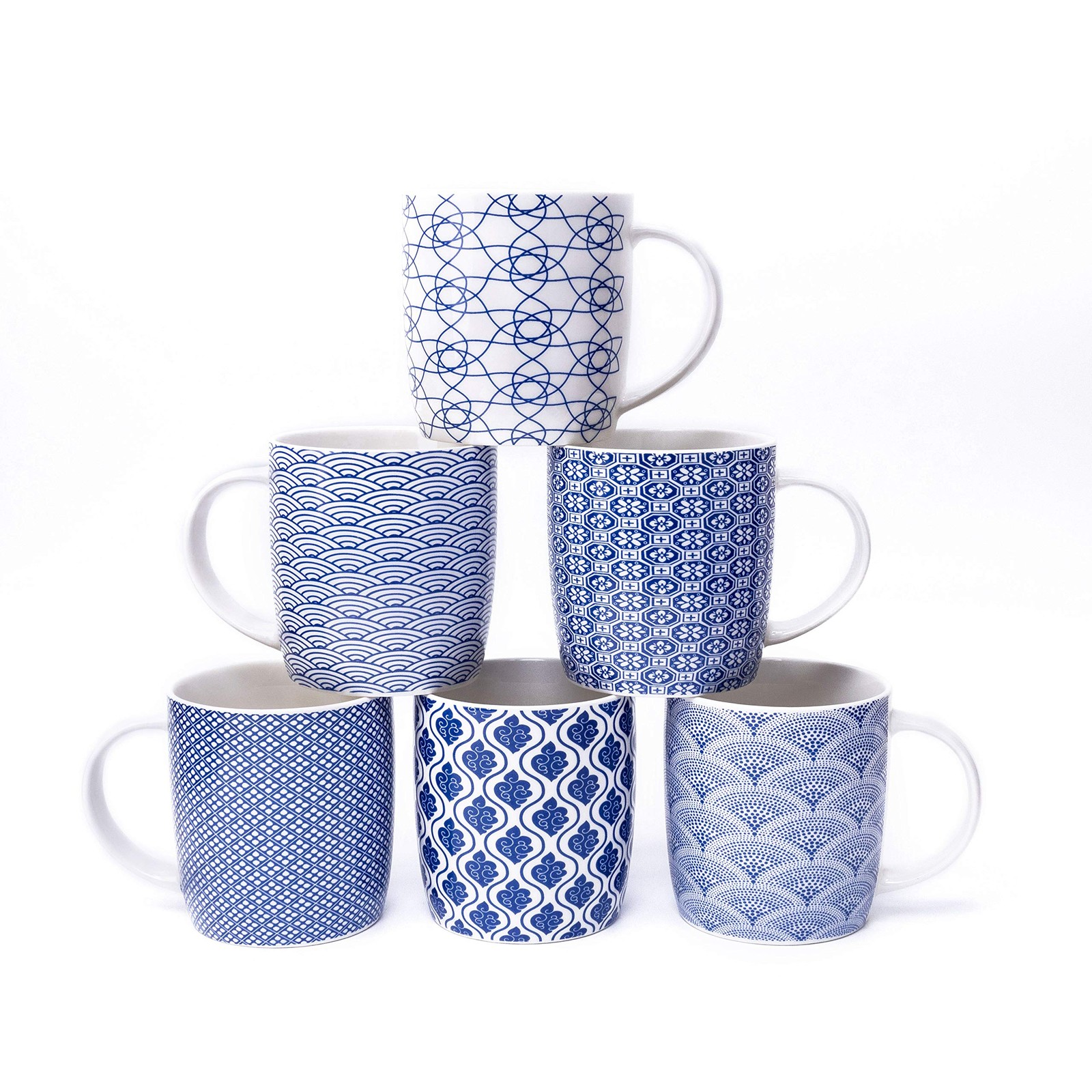 Set of 6 11.5 oz Coffee Mugs with Blue and White Geometric Patterns, Ceramic ...