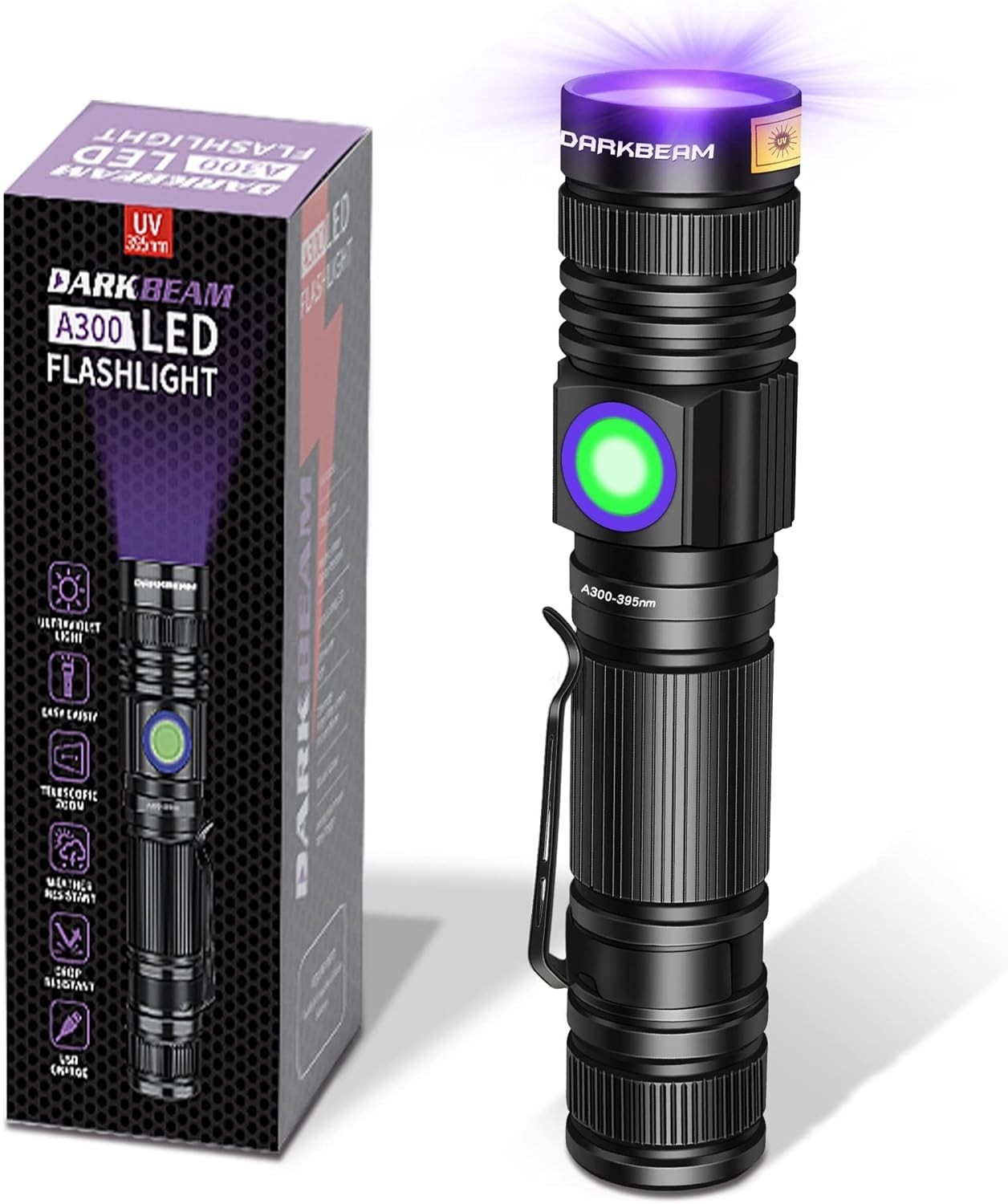 DARKBEAM UV Flashlight 395Nm Black Light, Mini & Powerful Woods Lamp USB -C LED