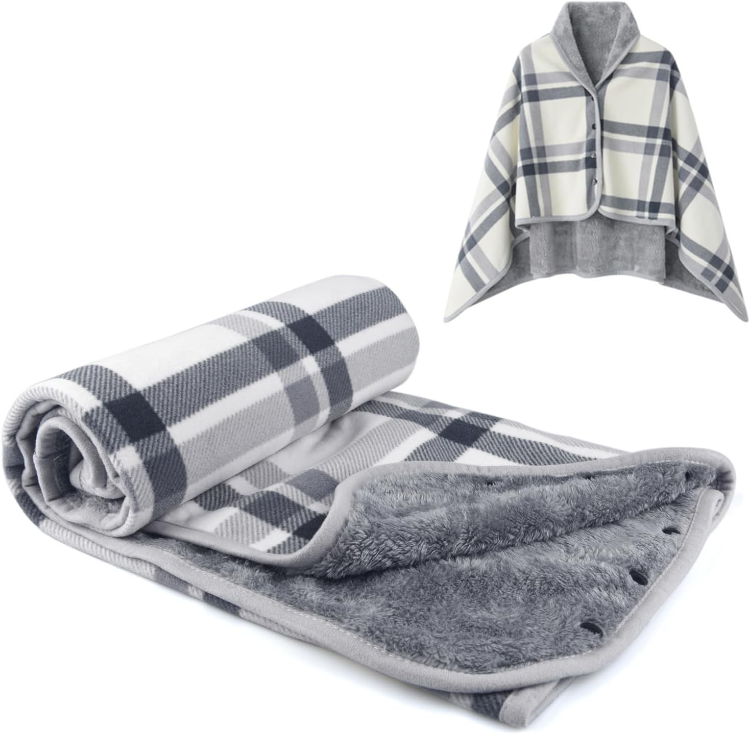 Fleece Wearable Blanket, Plaid Lap Blanket Comfy Poncho Throw Medium(55”x39”)
