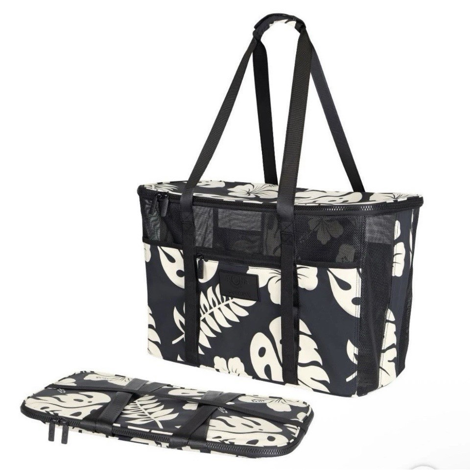Aloha Collection CleverMade Collapsible Beach Tote NWT Costco Black Floral