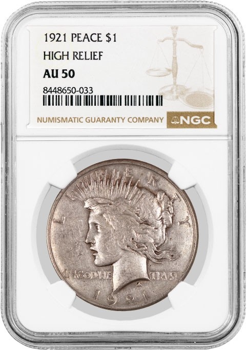 1921 High Relief $1 Silver Peace Dollar NGC AU50 About Uncirculated Key Date