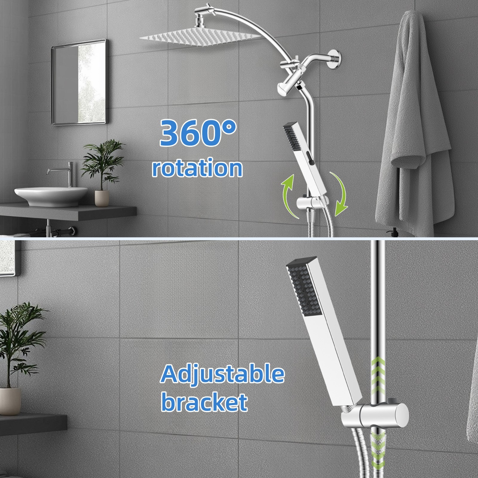 10 In Rain Shower Head Combo with 4 Setting Handheld Spray Adjustable Slide Bar