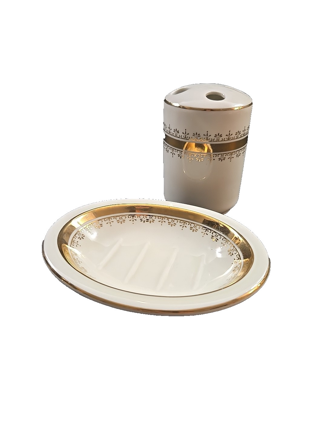 Set of 2 Porcelain Bathroom Soap Dish & Toothbrush Holder White Gold Details