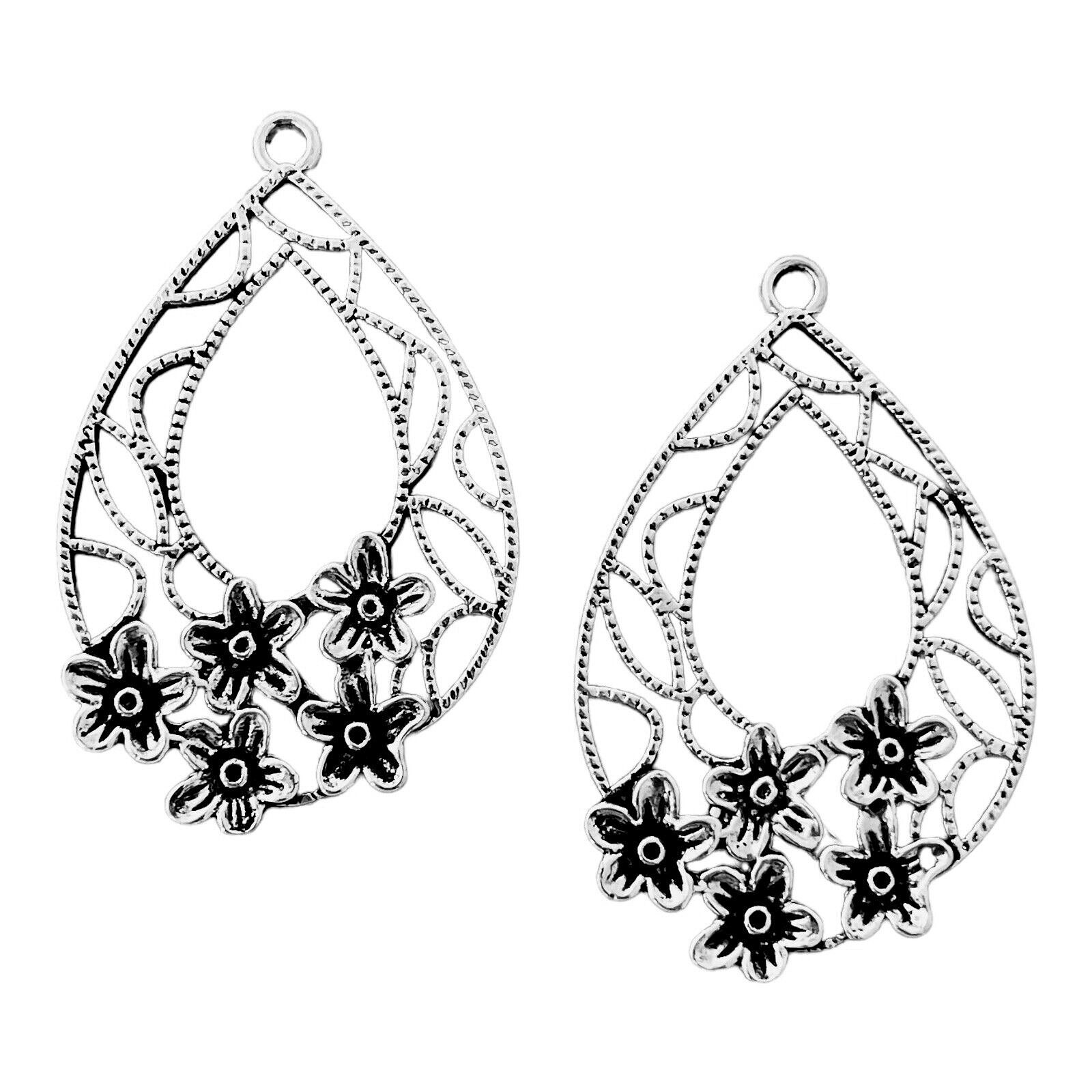 2 pcs Silver 1 7/8" Flower Teardrop Stations Pendant Earring Drops Bead Findings
