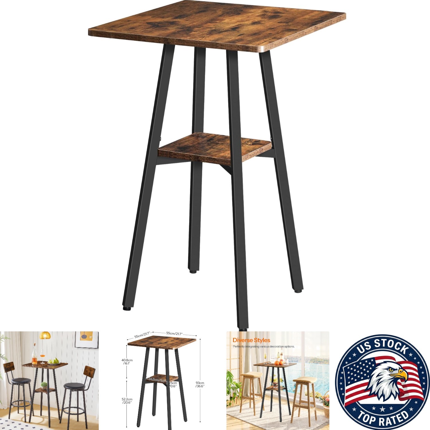 Rustic High Top Bar Table - 36.6” Counter Height with 2-Tier Storage Design
