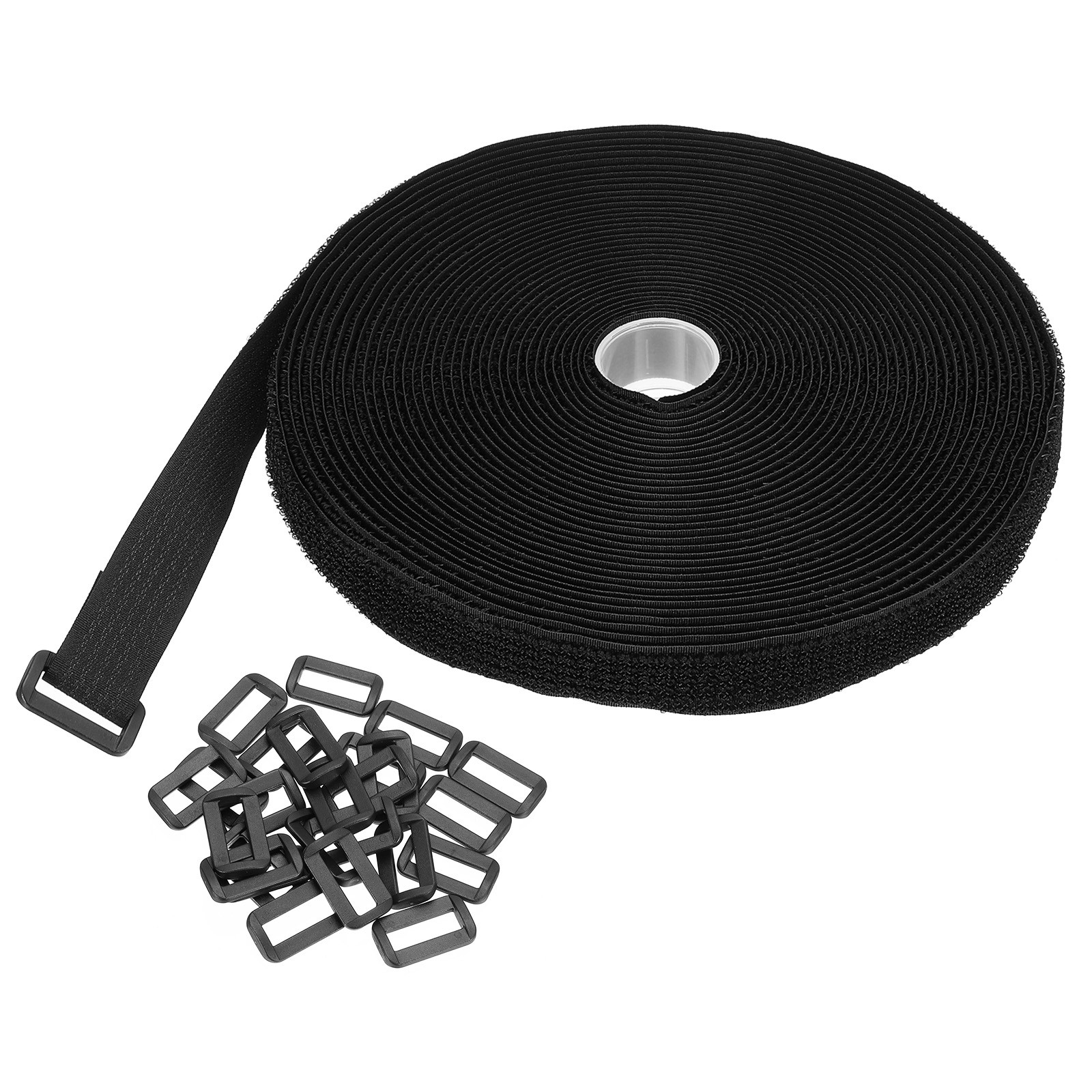 Hook and Loop Straps 0.8 in x 33 Ft with 50pcs Plastic Buckle Cord Ties Black