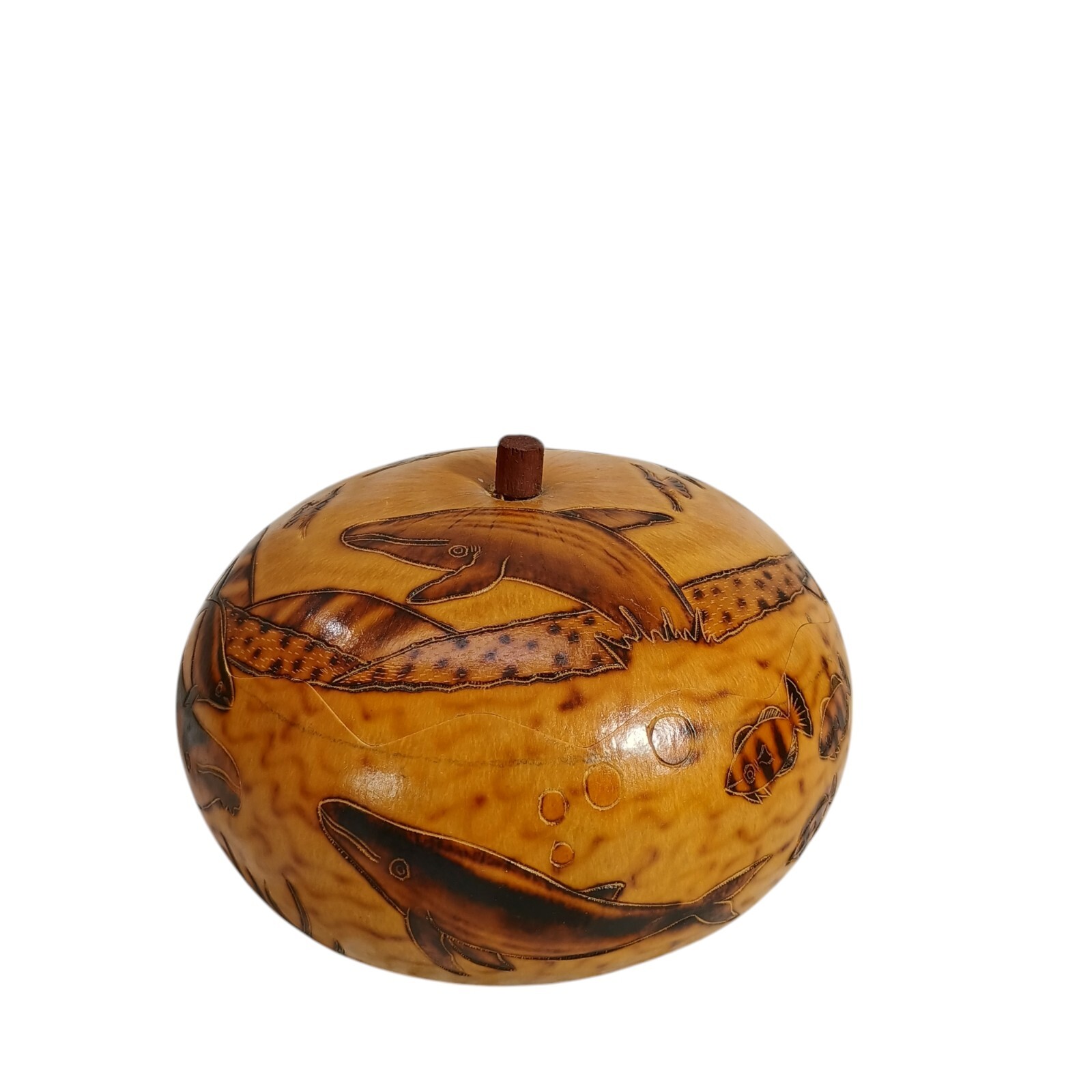 Peruvian Style Hand Carved Gourd with Lid Fish 5" Aquatic Theme