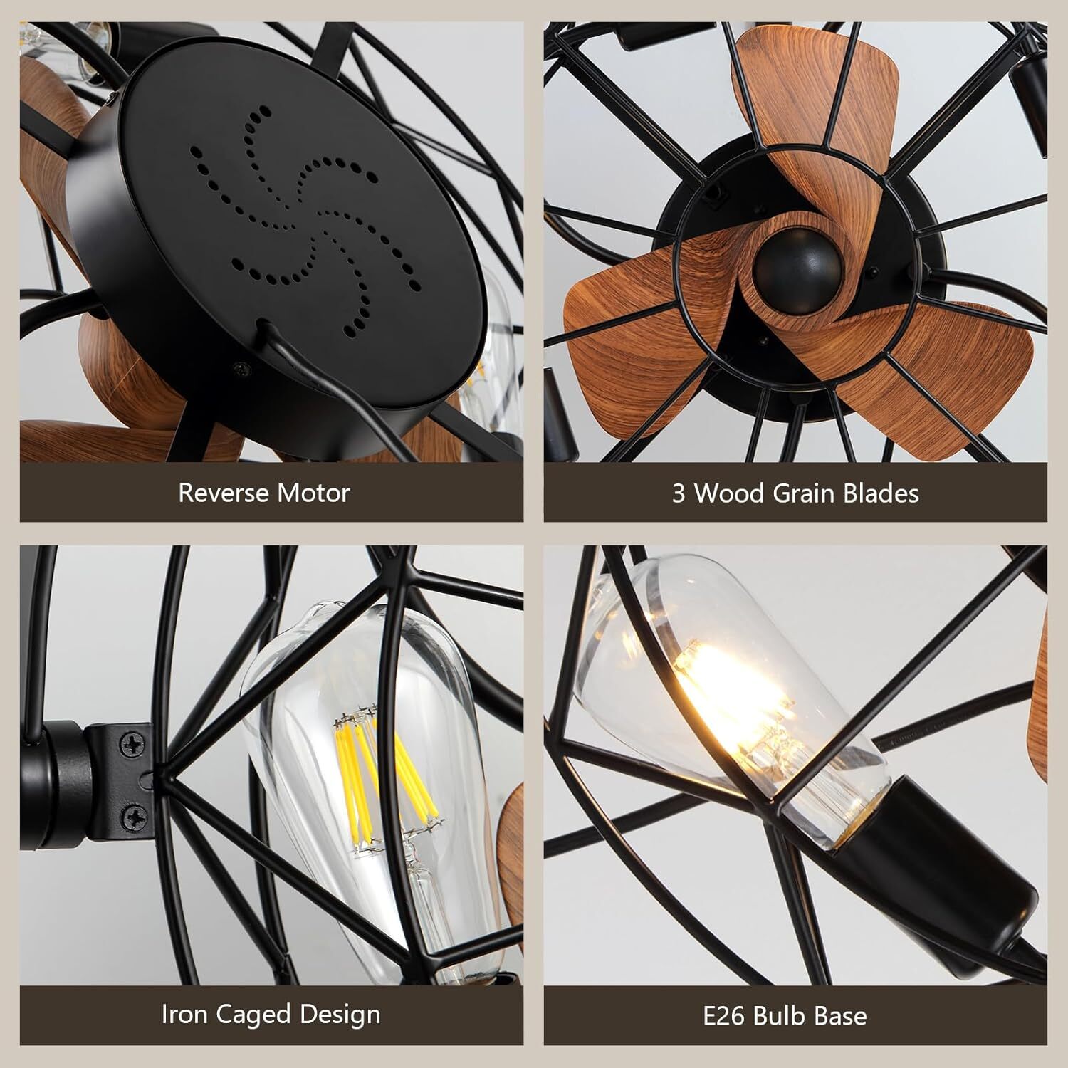 20" Farmhouse Ceiling Fan Light Flush Mount Caged Lights kit With Remote Control