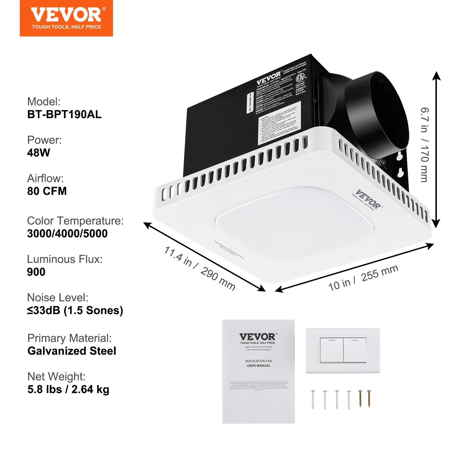 Bathroom Exhaust Fan 80/110CFM High-Efficiency Ventilation 1.5sones Low Noise