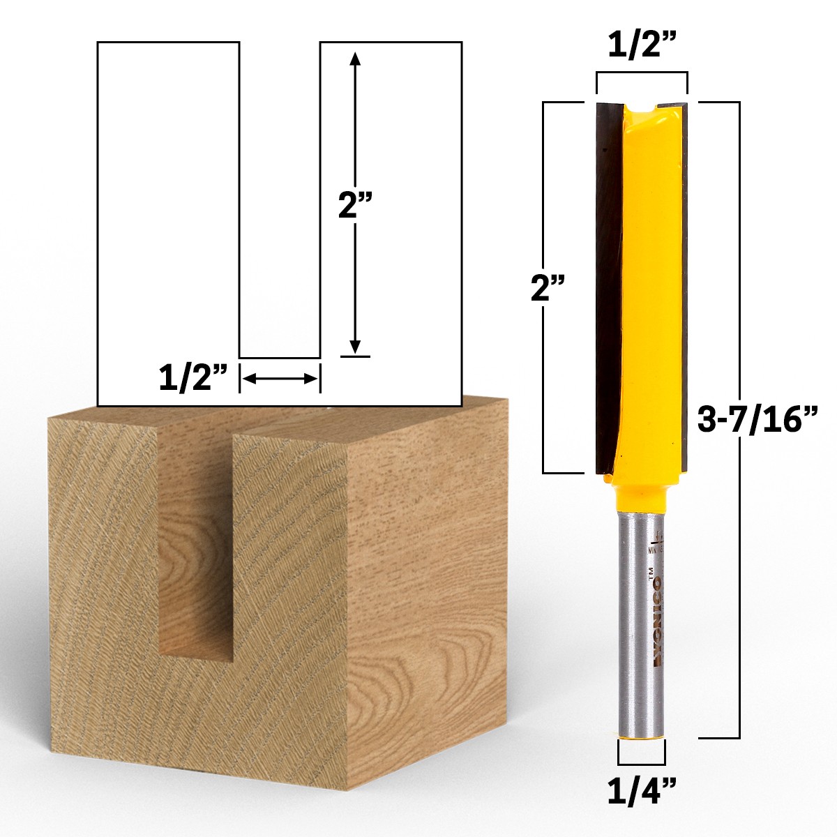 1/2" Diameter X 2" Height Straight Router Bit - 1/4' Shank - Yonico 14043q