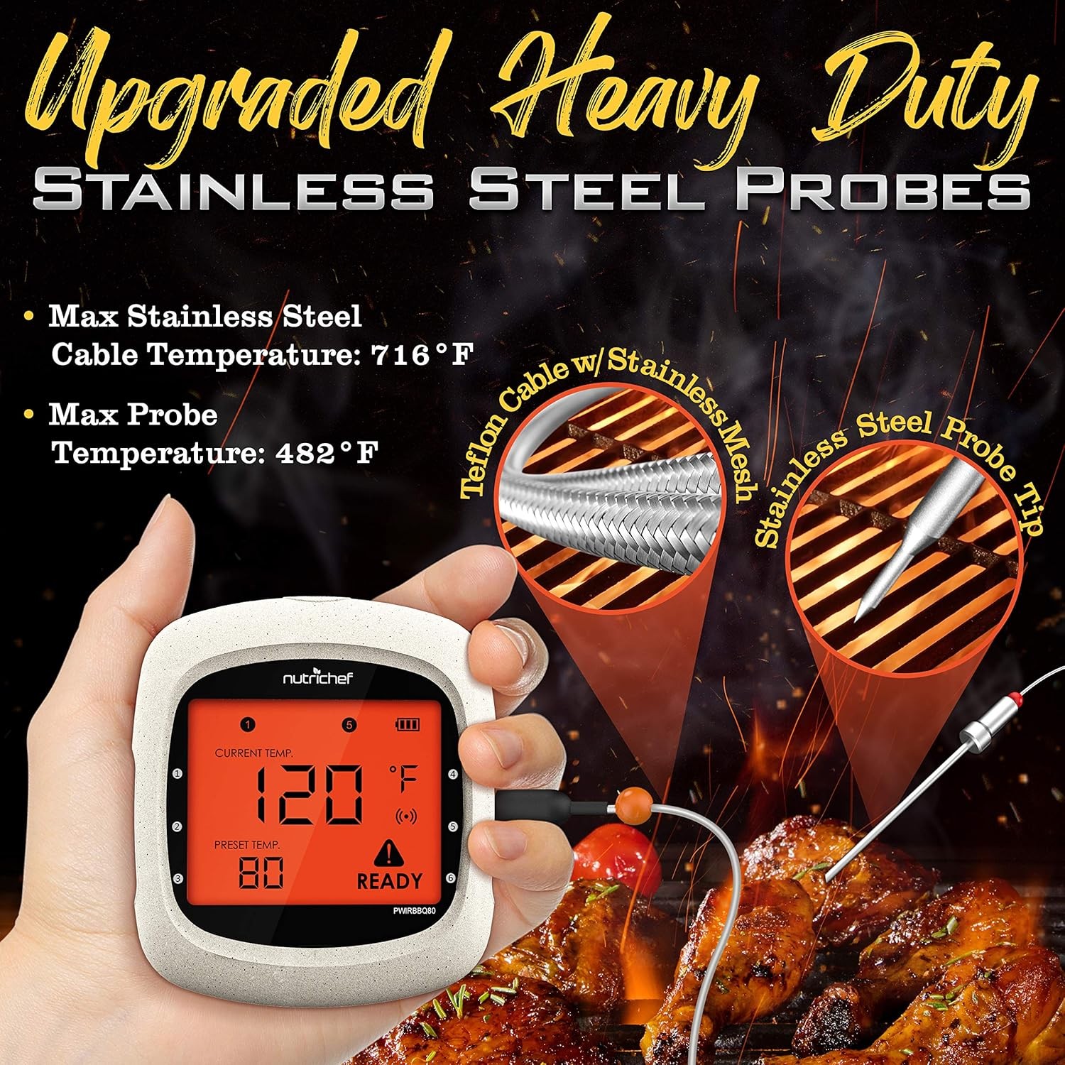 NutriChef Bluetooth Wireless Meat Thermometer for Grilling & Smoking (Open Box)