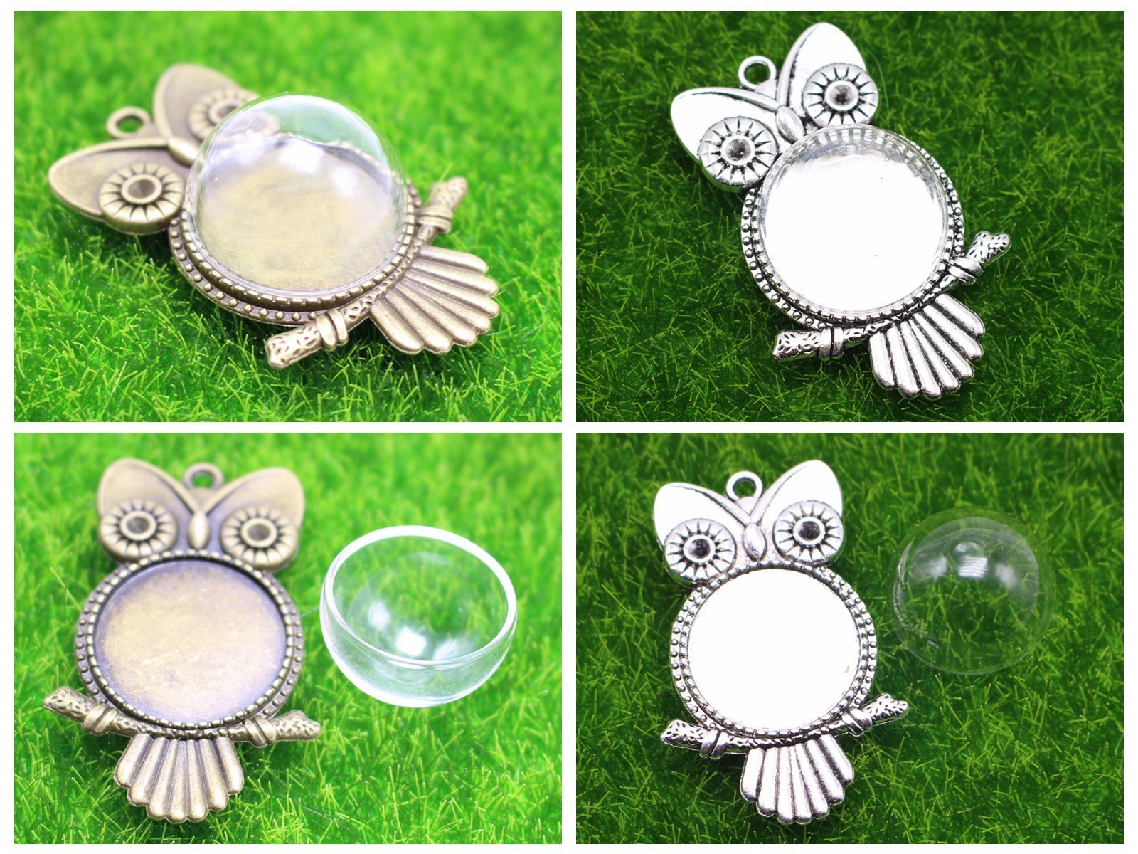 2 DIY Bronze Silver Owl Pendant with Glass Terrarium 1/2 Globe Bottle 20mm 25mm