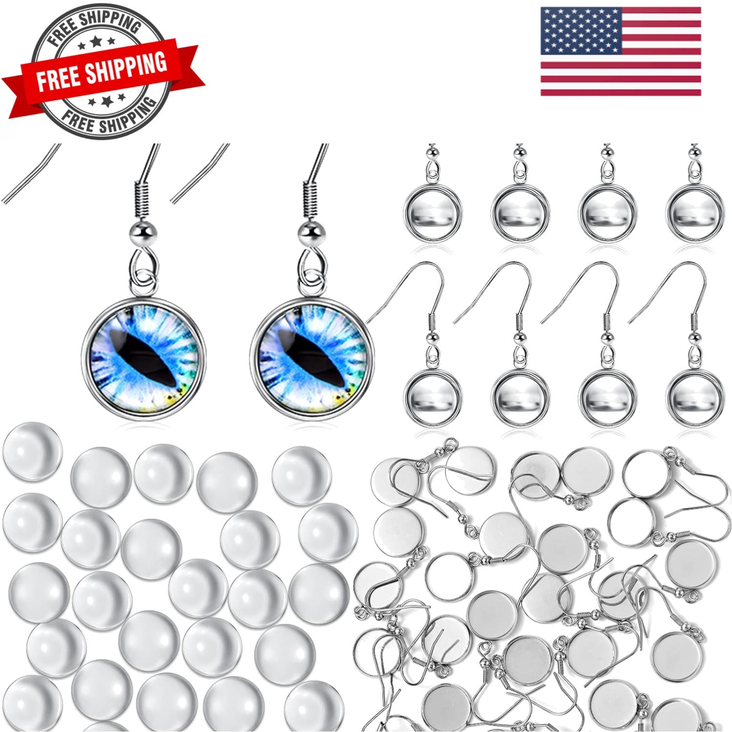 50 Pcs Cabochon Earrings Blanks Bezel Wire Hooks with 50 Pcs 12 mm Glass Cabo...