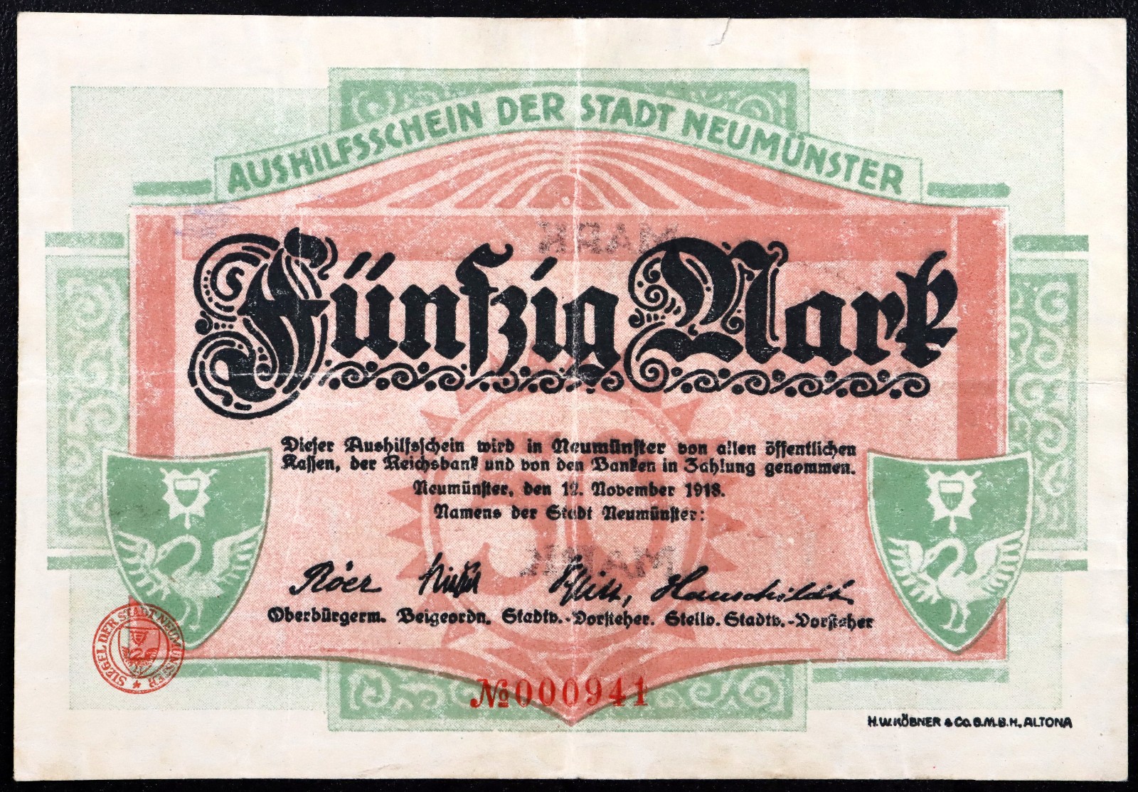 NEUMÜNSTER 1918 50 Mark Grossnotgeld German Notgeld Banknote