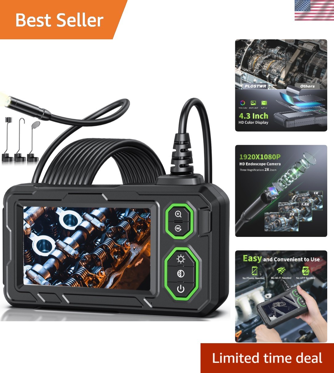 4.3" HD Endoscope Camera with 1920P Resolution & 8 LED Lights - Waterproof