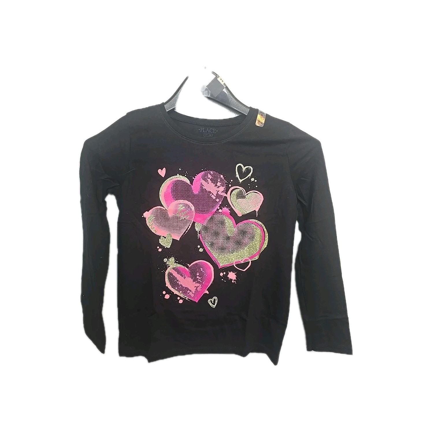 Girls Black Hearts Graphic Childrens Place LS Top Pink And Glitter