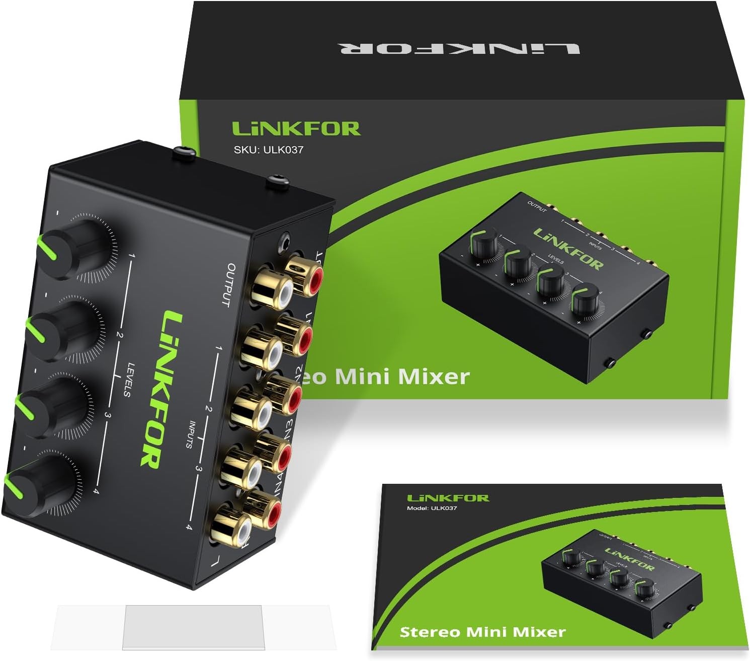 4 Channel Stereo Audio Mixer Mini Passive RCA Input Output with Volume Control