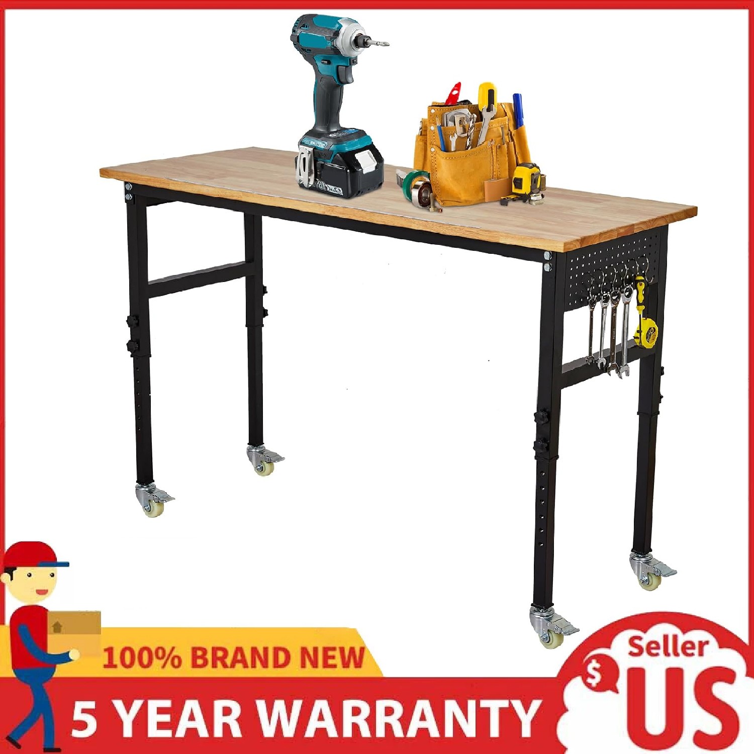 48x24 Inch Adjustable Workbench with Wheels ,Heavy Duty Garage Work Bench Table