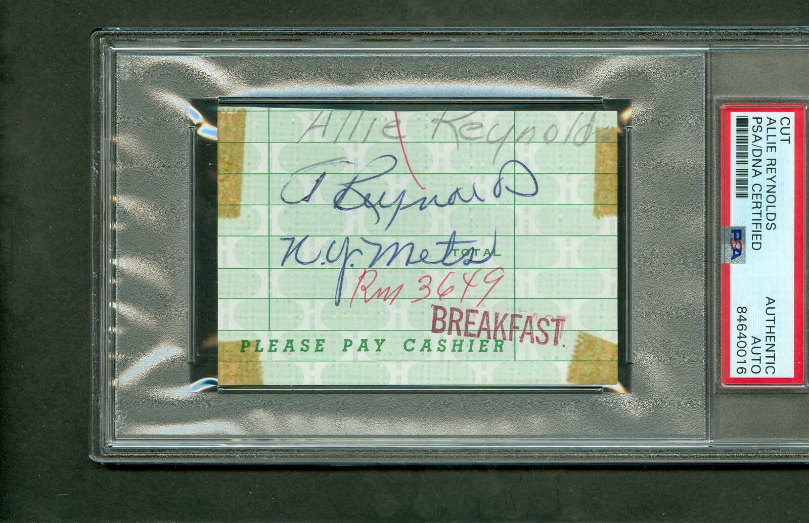 Allie Reynolds Autographed Late 1960's Room Service Receipt PSA/DNA Encased