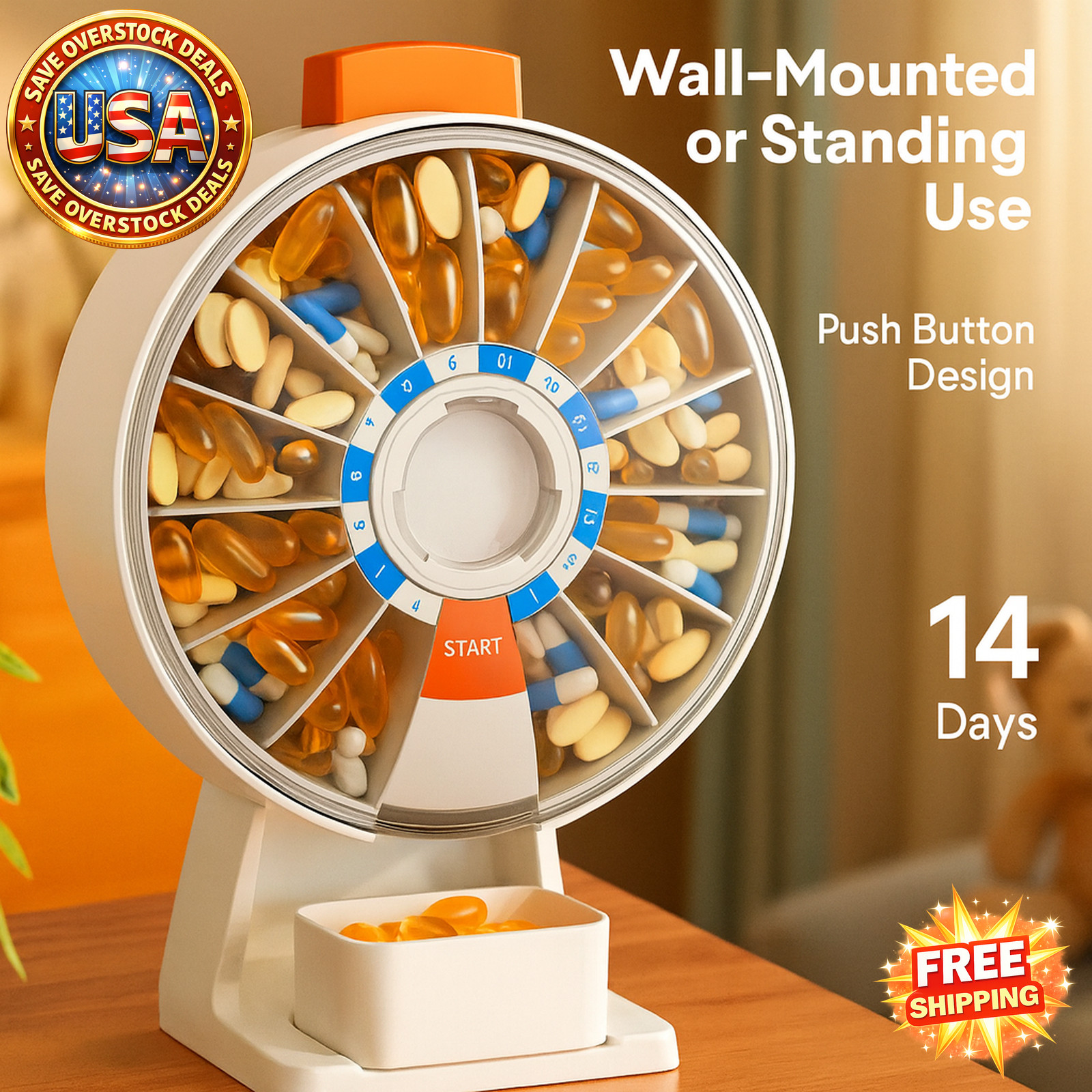 Large 14-Day Pill Organizer with Push Button Design - Wall-Mounted or Standing