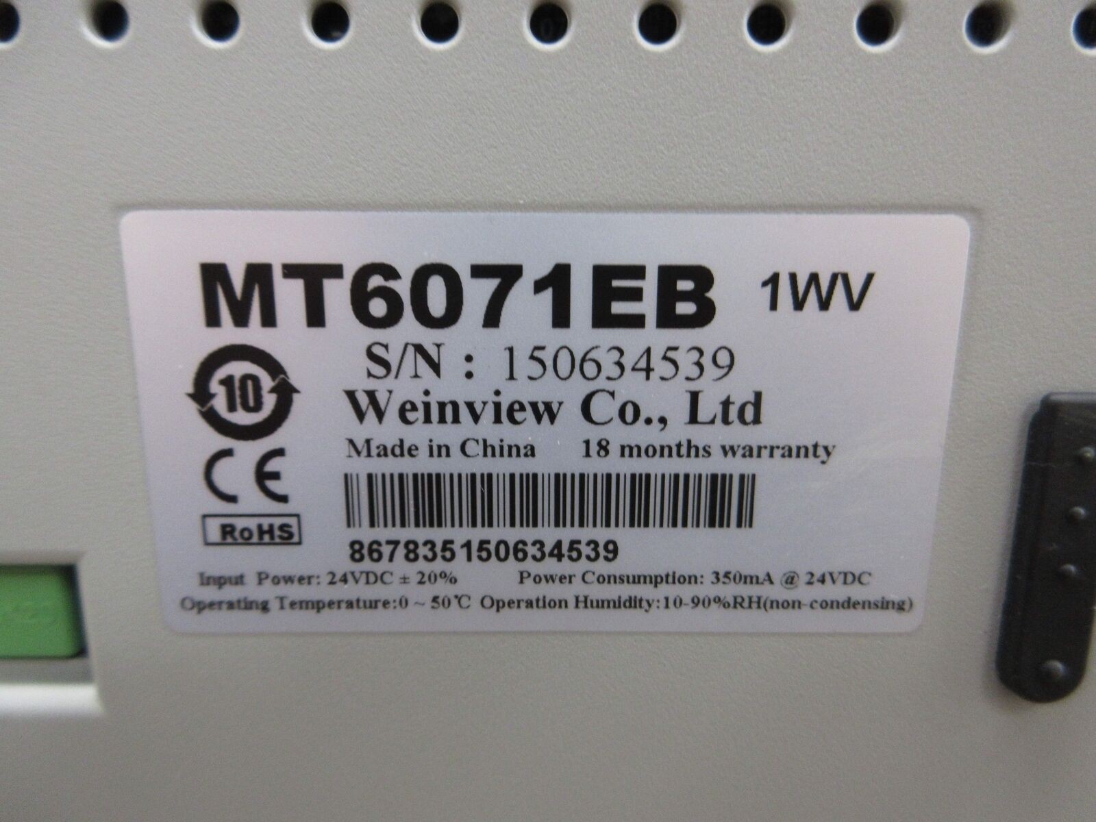 Weinview Touch Screen HMI MT6071EB 24VDC 350mA Used