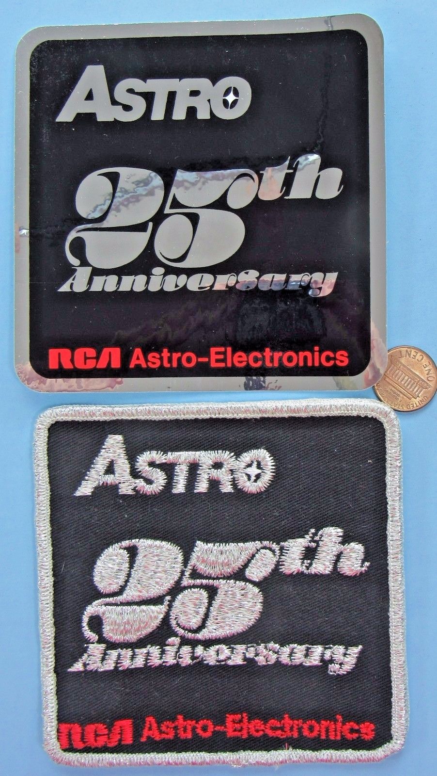 RCA PATCH & Sticker PAIR '83 vtg ASTRO 25th Anniversary Aerospace Electronics 4"