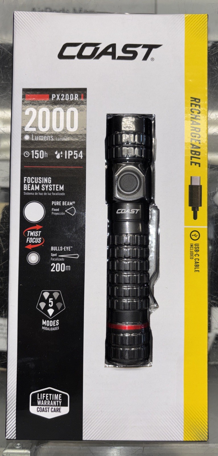 COAST PX200R Rechargeable Flashlight – 2000 Lumens, 5 Modes, USB-C, IP54 Rated