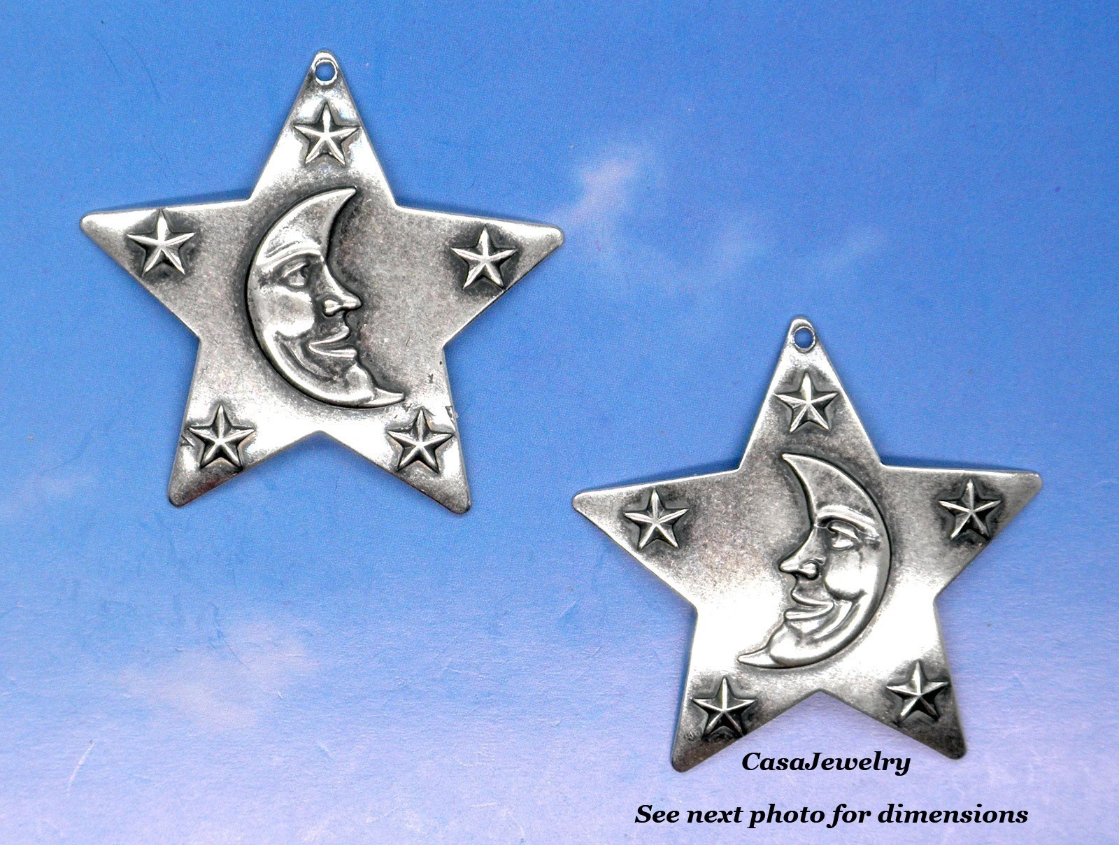 #0021 ANTIQUED .925 STERLING SILVER PLATED L+R MOON+STARS W/TOP HANG HOLE - 3 Pr