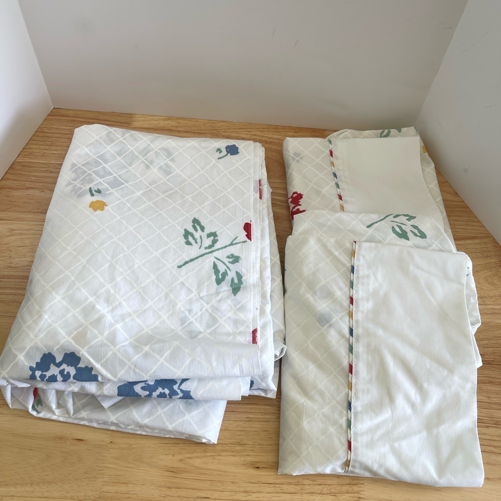 Sears FULL 3 pc Sheet Stencil Flowers Set Primary Floral