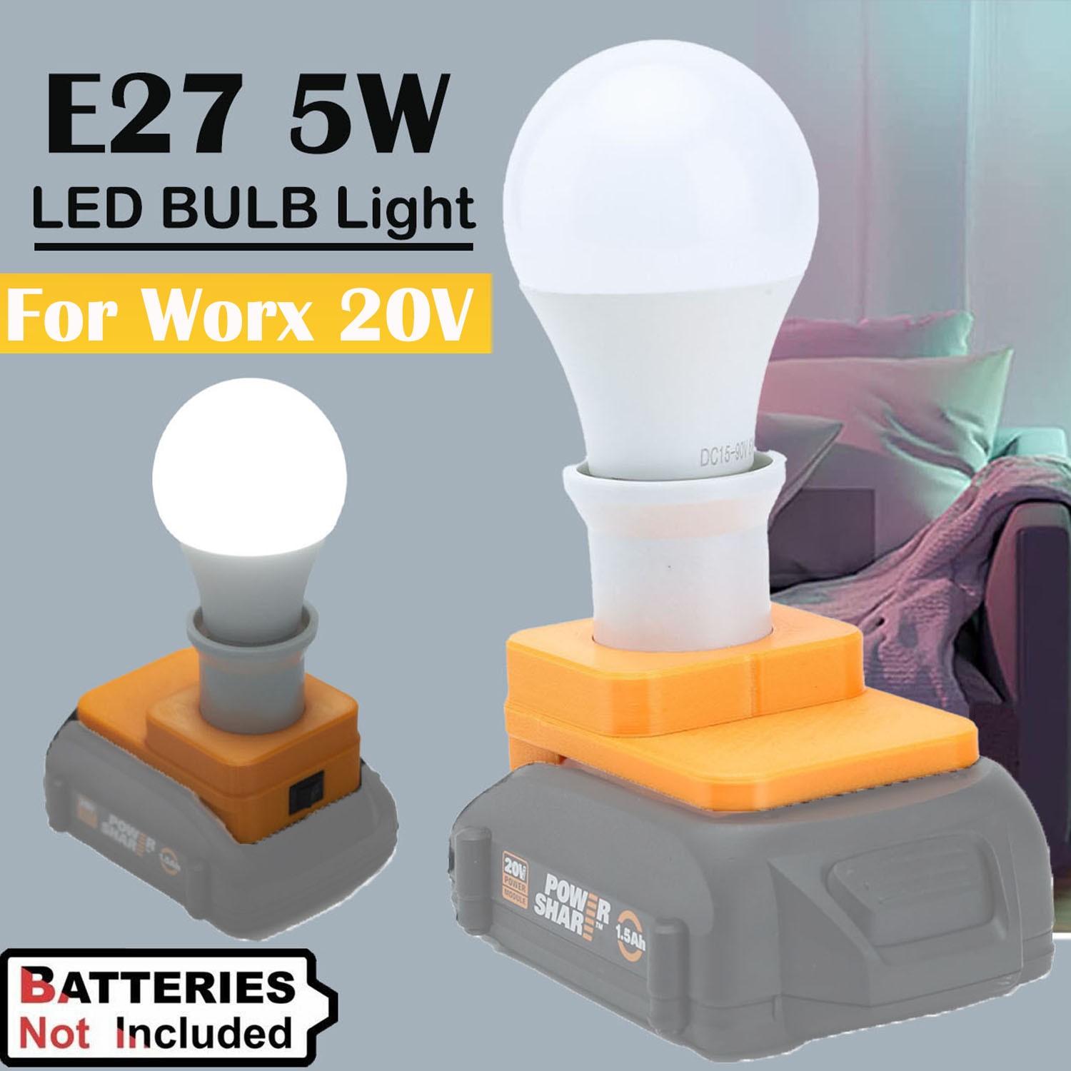 E27 LED Bulb Emergency Bulbs LED Light Backup for Outdoor For Worx 20V Battery