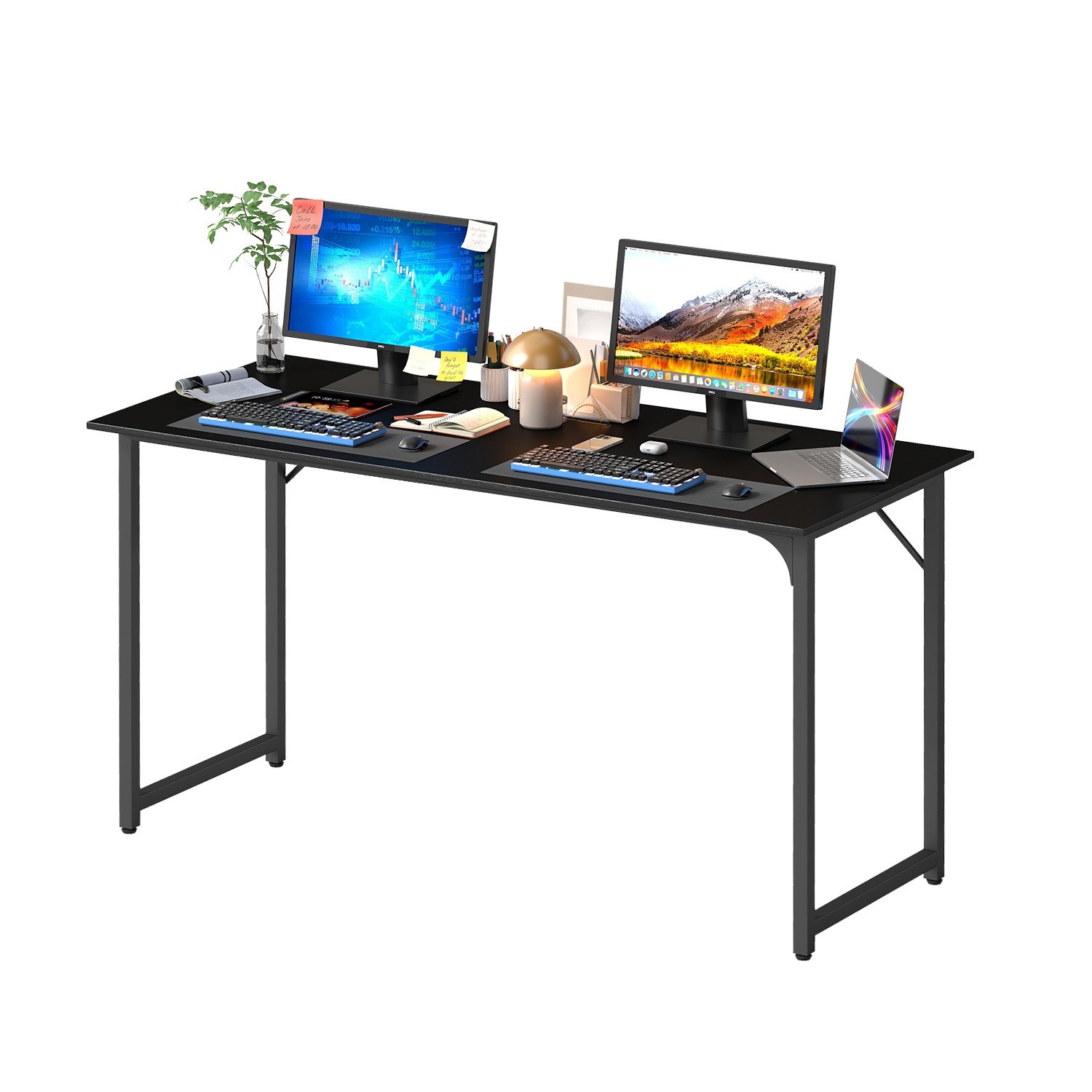 55 Inch Computer Desk Black Office Desk with Metal Frame, Scratchproof Surface