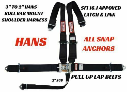 BLACK 5 POINT RACE HARNESS HANS SFI 16.1 PULL UP LAP BELTS ROLL BAR MOUNT SNAPS
