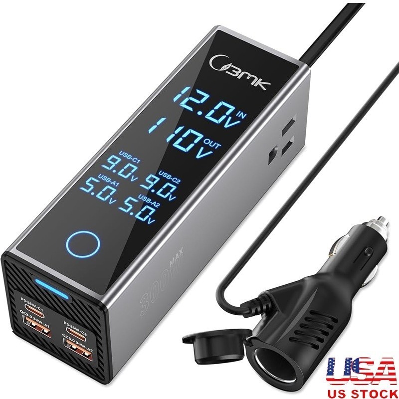 300W Car Inverter Dual AC Outlets Fast USB Ports LCD Display Compact Design