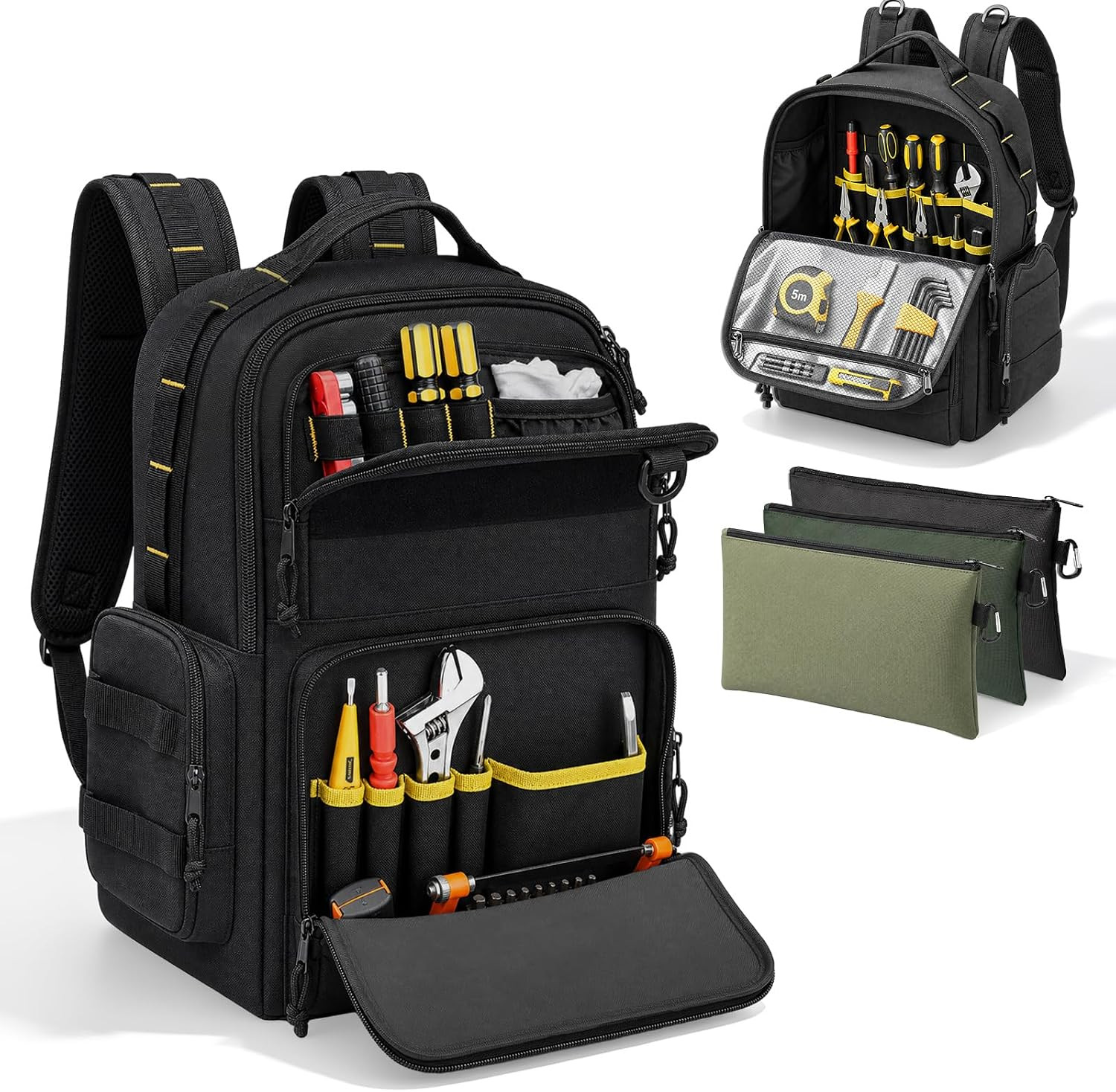 Heavy Duty Tool Backpack with 3 Pouches, Waterproof Organizer Bag for Pros
