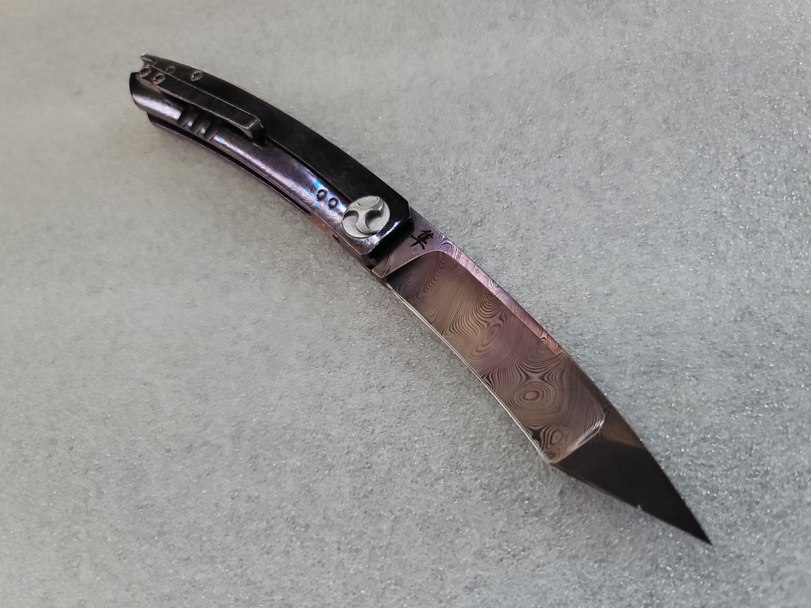 Glenn Waters Knives Hayabusa 2, Blued Twist Damasteel, Mokuti, Lasered Accents