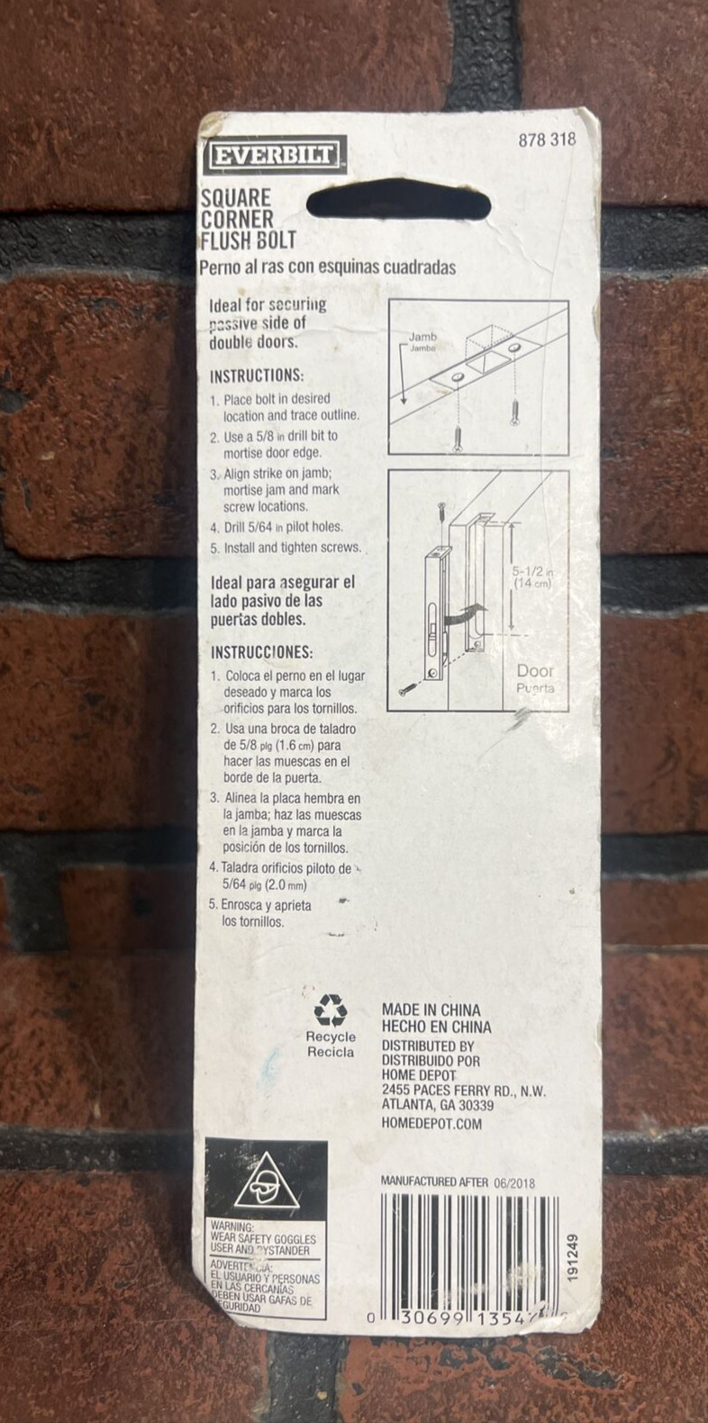 EVERBILT 13547 6 IN. Satin Nickle Square Corner Flush Bolt