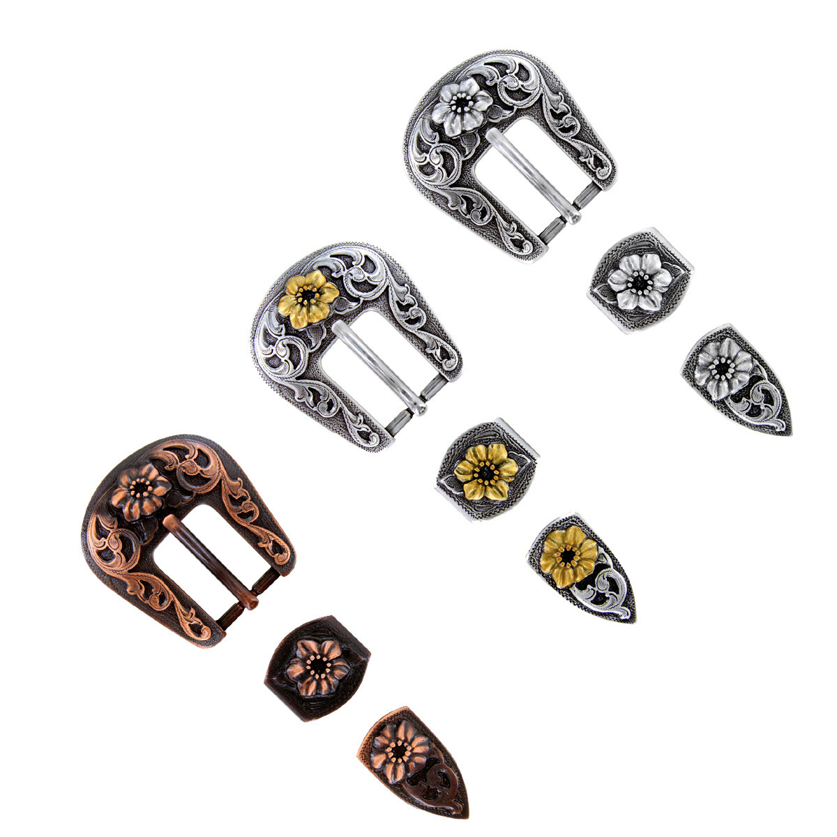 Western Floral Engraved Polished Headstall Belt Buckle Set fits 3/4"(19mm) Strap